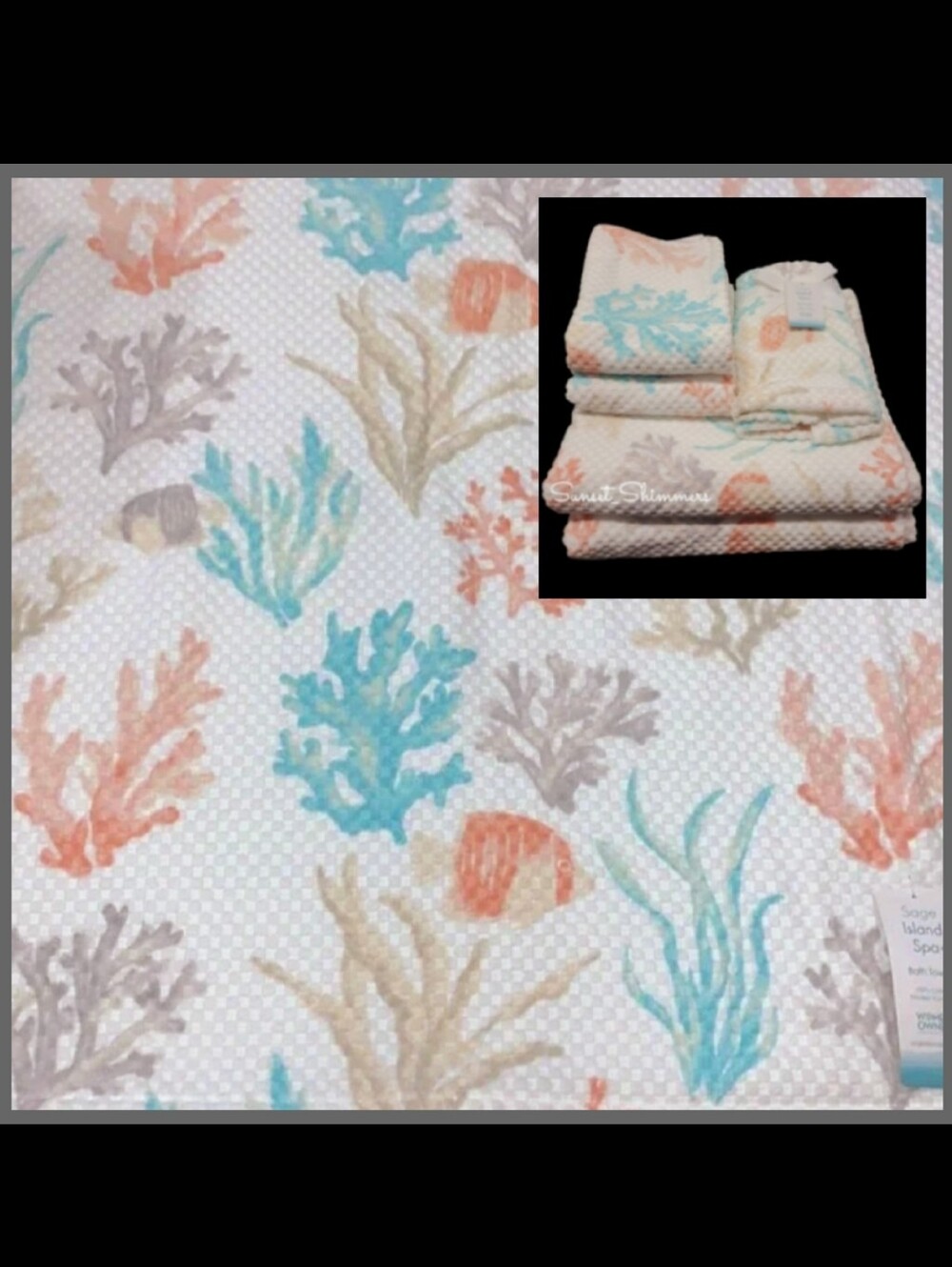6pc Fish & Sea Coral Beach House Coastal Bath Hand Tip Towel Set Sage Island Spa